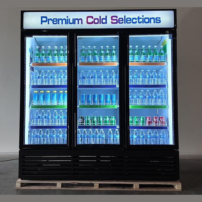 71” Wide Commercial Beverage Refrigerator Display Fridge, Three Glass Door Merchandiser Drink Cooler With LED Light Adjustable Shelves,ETL Sanitation,63.5 Cu Ft,BLACK,Wheels Not Included