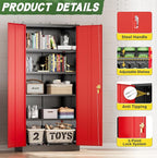 Greenvelly Metal Storage Cabinet, 72" Steel Garage Cabinet with Doors and Adjustable Shelves, Tall Metal Office Storage cabinets for Garage,Home Office,School (Black Red)