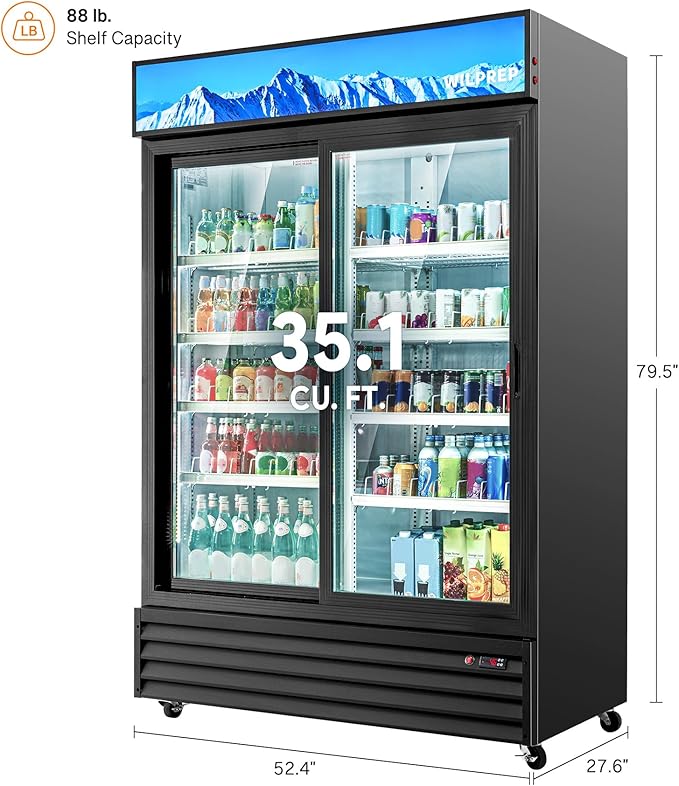 Wilprep Commercial Refrigerator, 37 cu. ft. Upright Beverage Display Refrigerator with LED Lighting, 52.4" Sliding Glass Door Merchandiser Fridge, ETL, ETL sanitation Listed