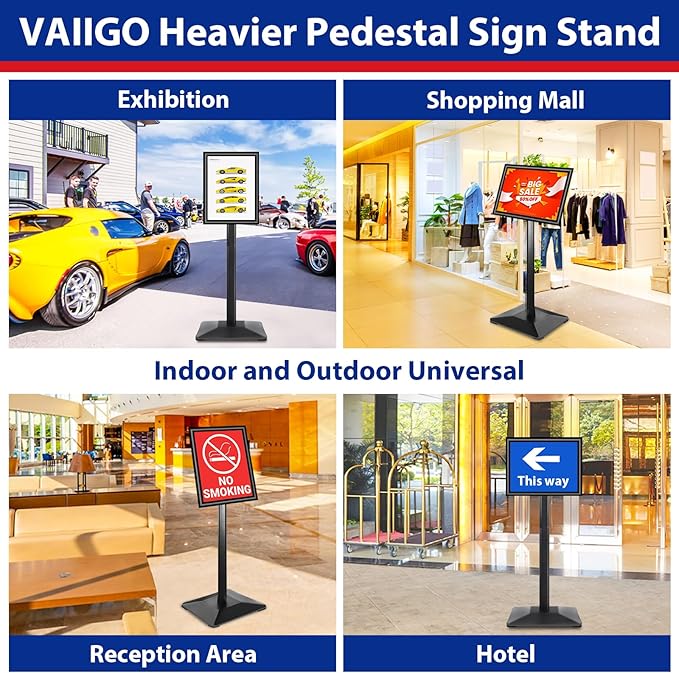 Pedestal Sign holder Stand 8.5x11inch Adjustable Standing Floor Sign Stand with Heavy Base & Snap Frame Display Stand for Indoor Outdoor Business Store Sign Holder Poster Stand (Black)