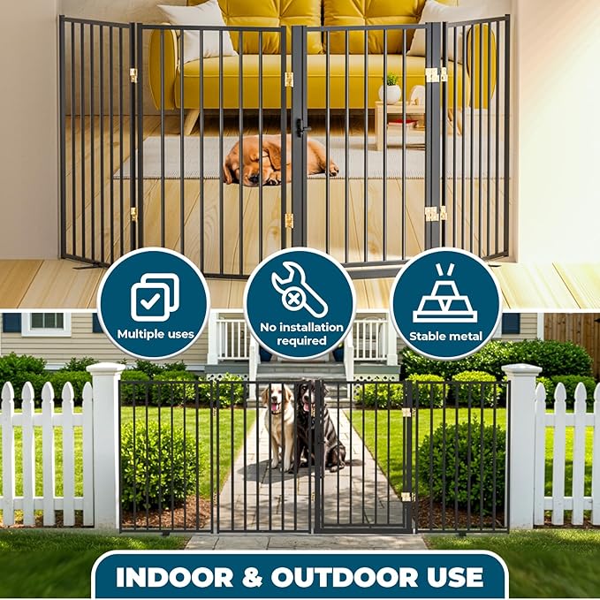 Metal Freestanding Dog Gate Outdoor-4 Panels with Door, Extra Wide Foldable Pet Fence with Pet Monitor Adapter, 32'' Height Tall Dog Gate for Doorways, Stairs, Hallways, Yard, Indoor