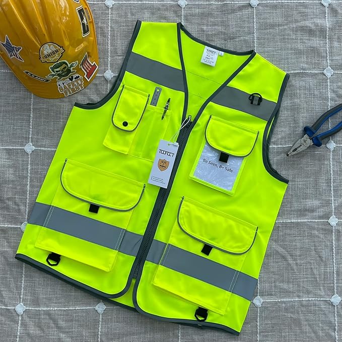 TCCFCCT Hi Vis Vest 9 Pockets High Visibility Reflective Safety Vest for Men Women, Safety Construction Vest with Reflective Strips, Meets ANSI/ISEA Standards, (Yellow, Medium)