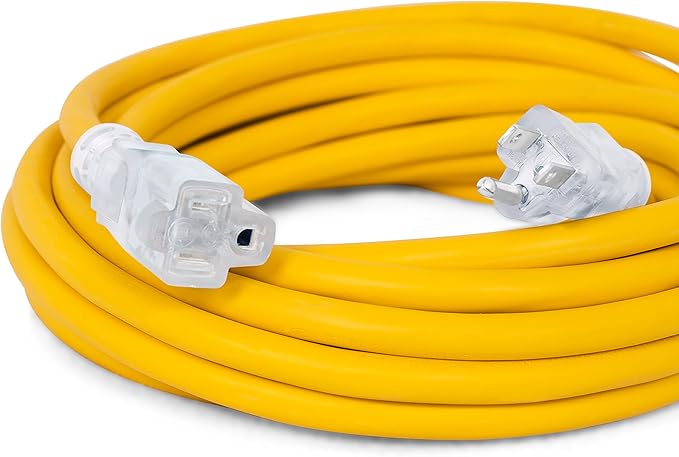 Internet's Best 25 FT Power Extension Cord with LED Lighted Plugs | 12 AWG (Gauge 12/3) Heavy Duty Outdoor/Indoor Power Extension Cable Cord | NEMA 5-15 R & 5-15P SJTW | Yellow