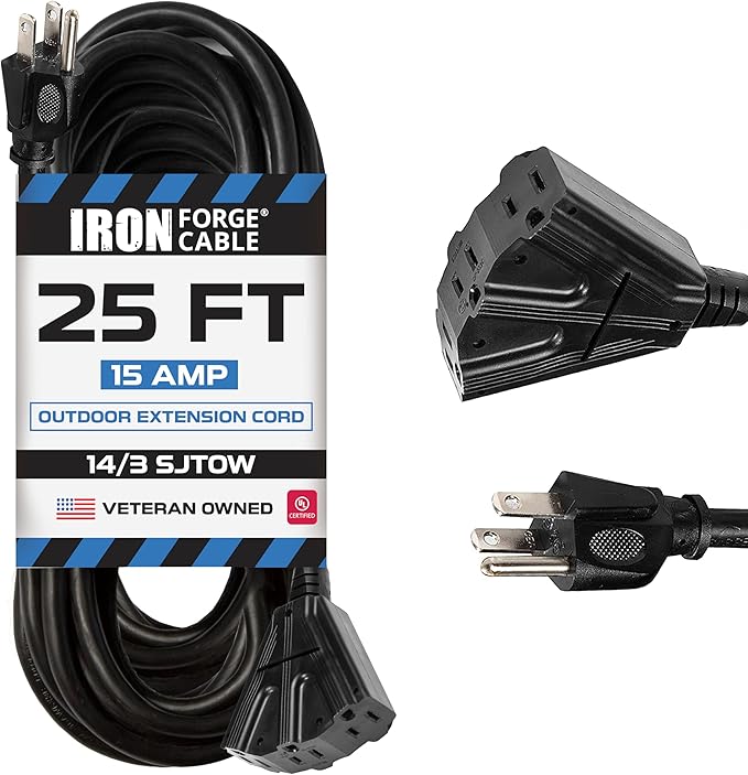Iron Forge Cable 14 Gauge Outdoor Extension Cord 25 Ft with 3 Power Outlets, SJTOW 14/3 Heavy Duty Outdoor Black Extension Cord 3 Prong, Oil Resistant & Flame Retardant