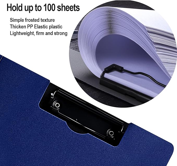 2 Pack Foldable Clipboards, A4 Office Clipboard Folder with Double Metal Clips, 360 Degree Foldable Binder Clipboard with Pen Holder, File Cover Work Folder Clipboards, White Blue