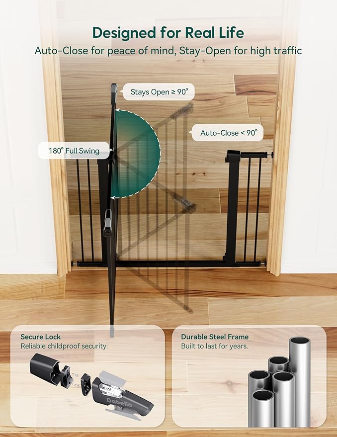 Babelio Metal Auto Close Baby Gate PressGuard P7,Extra Wide Pet Gate for The House and Doorways, Pressure Mounted Walk Thru Child Gate with Door (Black, 30" Tall 29"-48" Wide)