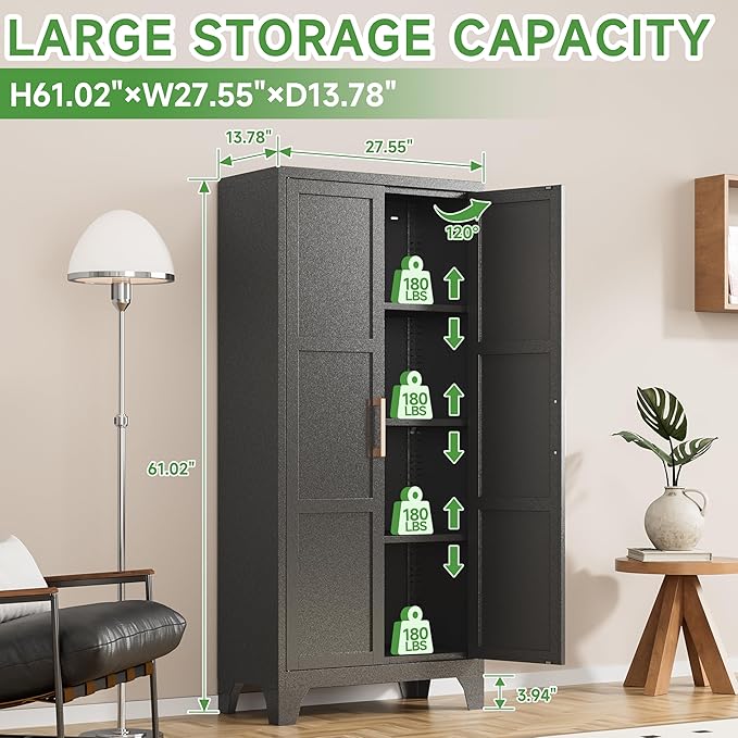 Pantry Cabinets for Kitchen,61.02” Tall Storage Cabinets,Metal Pantry Storage Cabinet with 2 Doors and 3 Adjustable Shelves for Kitchen/Black