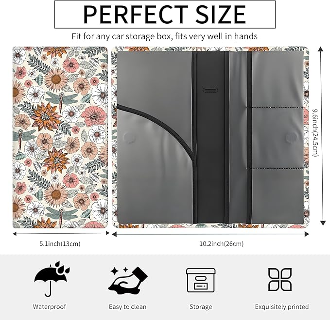 Premium Car Registration and Insurance Card Holder, Cute PU Leather Car Document Holder, Vehicle Glove Box Car Organizer with Magnetic Closure for Driver License, Cards Boho Flowers