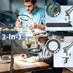 HITTI 12X Magnifying Glass with Light, 2025 New Upgrade Infinite Color and Stepless Dimming Desk Large Lamp & Clamp, 2-in-1 LED Hands Free Lighted Magnifier Stand for Crafting Hobby Soldering Reading