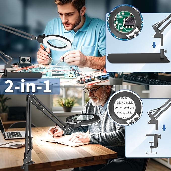 HITTI 12X Magnifying Glass with Light, 2025 New Upgrade Infinite Color and Stepless Dimming Desk Large Lamp & Clamp, 2-in-1 LED Hands Free Lighted Magnifier Stand for Crafting Hobby Soldering Reading
