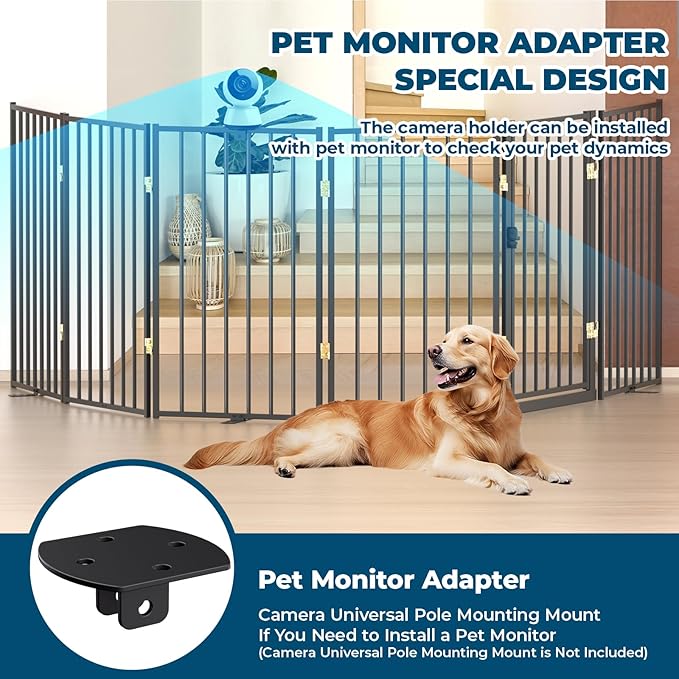 Metal Freestanding Dog Gate Outdoor-6 Panels with Door, Extra Wide Foldable Pet Fence with Pet Monitor Adapter, 32'' Height Tall Dog Gate for Doorways, Stairs, Hallways, Yard, Indoor