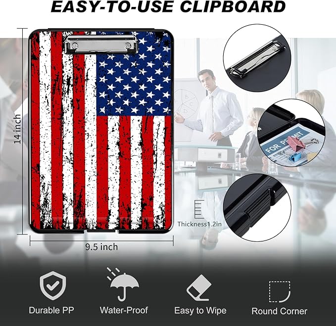 Clipboard with Storage, Hard Letter A4 Size Clip Board with Pen Holder & Paper Organizer, Heavy Duty Portable Writing Pad for Nurses Students Teachers Office Jobsite Contractor, American Flag 2