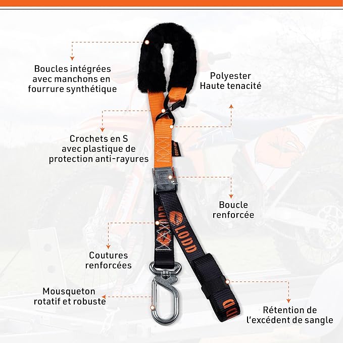 LODD - Motorcycle Tie Down Straps with Swivel Carabiner, Heavy-Duty Buckles, Fur Protection, Reinforced Buckle | 2,400 lbs, 1.5" | Trailer Securing for Dirt Bike, Enduro, Trial, Quad, Trail