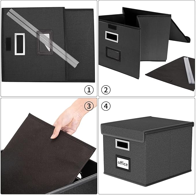 Huolewa File Organizer Box with Lid, Collapsible File Folder Organizer for Office Document Storage, Filing Box with Plastic Slide for Letter Size Hanging File Folders(1 Pack, Black)