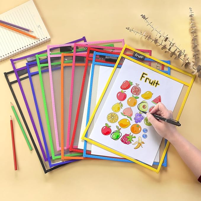 20 Pack Dry Erase Pockets with Rings, 10 x 14 Inch Ticket Holders Clear Plastic Sleeves Sheet Protectors for Teacher Classroom Sleeves, 10 Assorted Colors