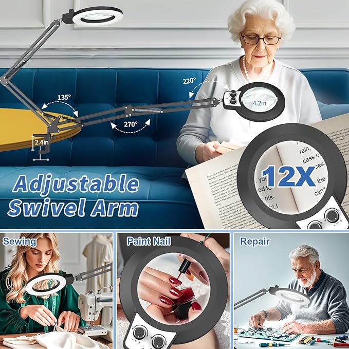 HITTI 12X Magnifying Glass with Light, 2025 New Upgrade Infinite Color and Stepless Dimming Desk Large Lamp & Clamp, 2-in-1 LED Hands Free Lighted Magnifier Stand for Crafting Hobby Soldering Reading