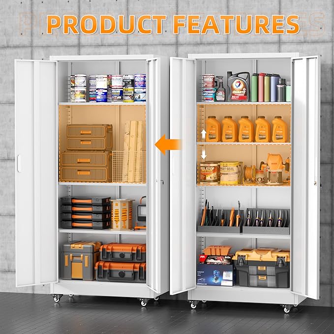 Superday Garage Storage Cabinet with Wheels，73" H Metal Storage Cabinet with Doors and Adjustable Shelves, Lockable Steel Utility Tool Cabinets for Garage, Home Office, Kitchen(White)