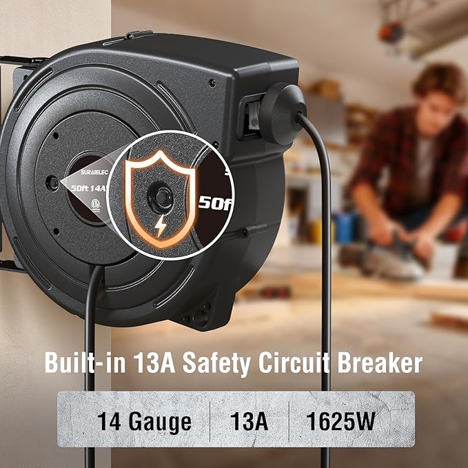 SURAIELEC 50FT Retractable Extension Cord Reel, 14AWG/3C SJTOW Heavy Duty Power Cord with Lighted Triple Tap, 13A Circuit Breaker, Ceiling/Wall Mount for Garage, Shop, Workshop, ETL Listed, Black