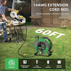 60 FT Retractable Extension Cord Reel, 14AWG SJTOW Heavy Duty Power Cord with 4 Grounded Outlets, USB-A & USB-C Ports, 13A Circuit Breaker, Hand Crank for Indoor Outdoor Use, ETL Listed, Green