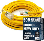 50 ft Outdoor Extension Cord Waterproof - 12 Gauge Heavy Duty Extension Cord 50 ft - Lighted Outdoor Extension Cords - Watts Wire - 50' Grounded - extensiones electricas