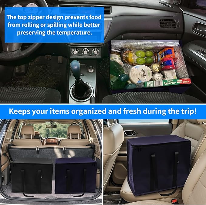 2-Pack Reusable Insulated Grocery Bags with Zippered Top, Heavy Duty Cooler Bags for Frozen Foods, Waterproof and Foldable Bag for Cold Storage & Travel– Dark Purple