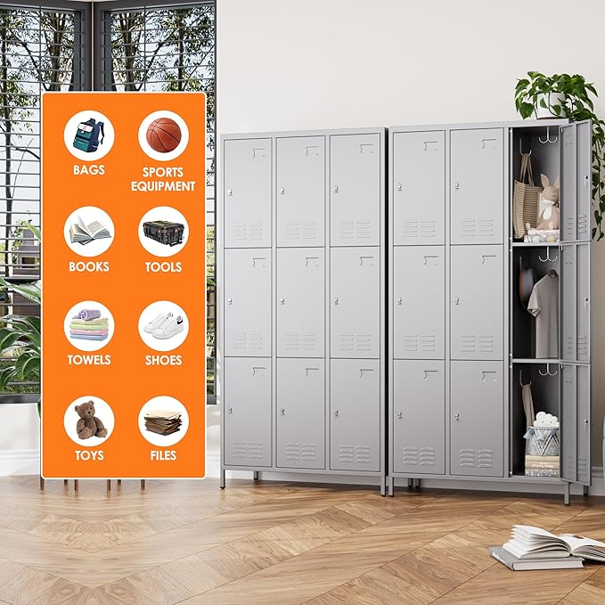 Employee Lockers with 27 Hooks,9 Doors Metal Storage Locker with Card Holder for Employees Home Gym,Assembly Required (Dark Grey)