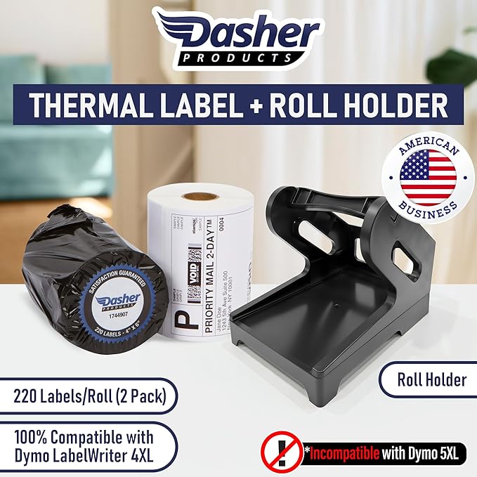 Dasher Products 4x6 Thermal Shipping Labels with Roll Holder, 440 Labels/2 Rolls (220 per Roll), Compatible with Rollo, Zebra, Munbyn, iDPRT, Jadens, Nelko, Dymo 4XL & Most Label Printers, Perforated