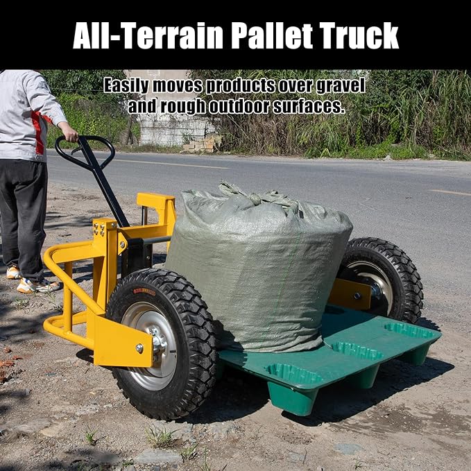 All Terrain Manual Pallet Truck with Guardrail, 2500 lbs Manual Pallet Lift Jack, Pallet Jack 3-Function Hand Pallet Trucks with Wheels, Adjustable Width Fork and Handle, 65.75"W x 55.35"D x 50.39"H