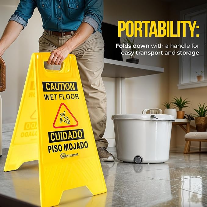 SIMPLI-MAGIC 24" Height Wet Floor Caution Signs, 6 Pack – Double-Sided, Bilingual & Foldable Safety Warning Sign – Commercial Grade, Yellow