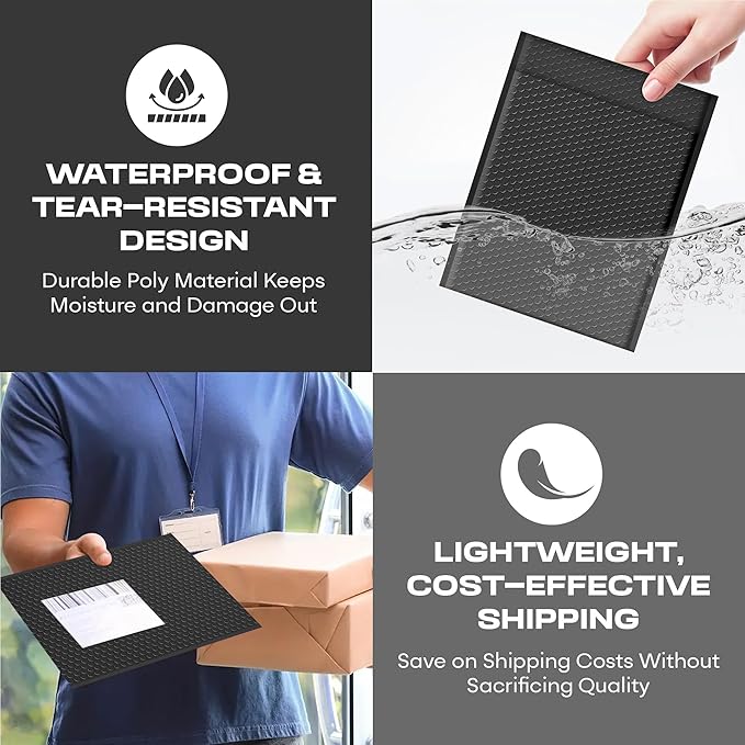 Black Large Poly Bubble Mailers 12x15 inch | Self Seal Padded Envelopes Cushioned Bubble Mailer | Usable Size 12x15 | WaterProof | Lightweight mailing Shipping Bags | 50 Pack Bulk