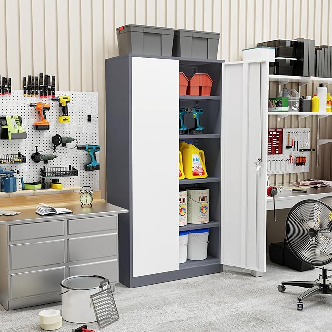 SUNCROWN 72" Metal Storage Cabinet - Heavy-Duty Metal Garage Cabinet with 4 Adjustable Shelves & 2 Doors for Tools, Office, Home, Workshop,Grey & White-Small