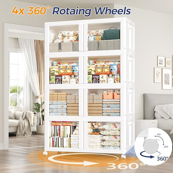 600Qt Large Stackable Storage Bins with Lid, 150Gal Plastic Closet Organizer and Storage Box with Wheels, Collapsible Storage Cabinet with Clear Door for Home Kitchen Office Dorm, 5Pack White
