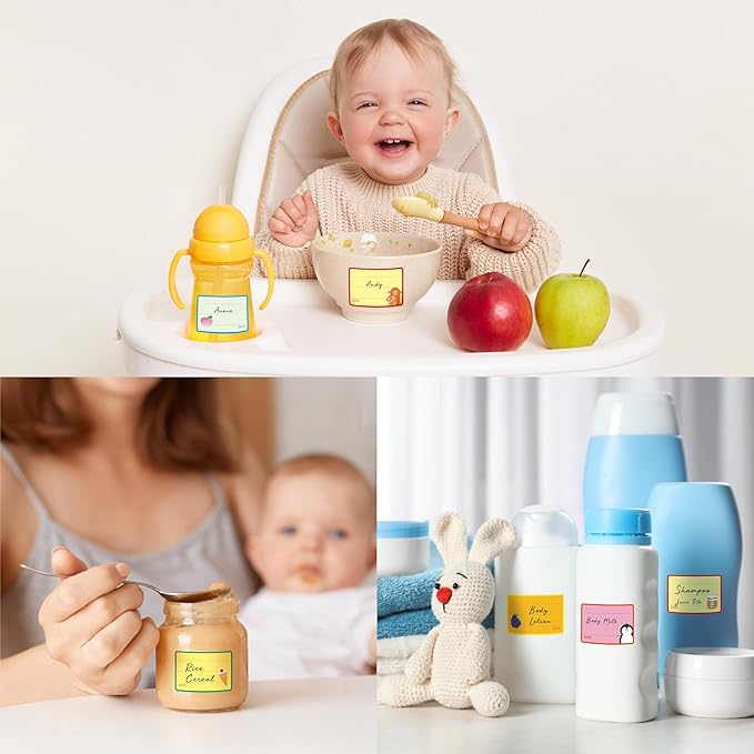 500 PCS Baby Food Labels, 25 Adorable Designs Removable Food Name Stickers Self-Adhesive Water/Oil/Tear Resistant Tags for Baby & Toddlers Food Containers, Water Bottles, School Supplies, Mason Jars
