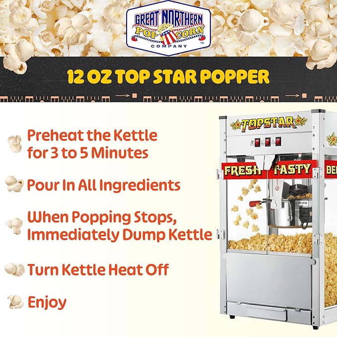 Top Star Popcorn Machine - 12oz Stainless-Steel Kettle, Reject Kernel Tray, Warming Light, and Accessories by Great Northern Popcorn (Red and Yellow)