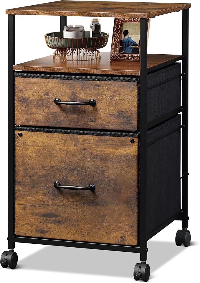 DEVAISE 2 Drawer Mobile File Cabinet, Rolling Printer Stand with Open Storage Shelf, Fabric Vertical Filing Cabinet fits A4 or Letter Size for Home Office, Rustic Brown Wood Grain Print