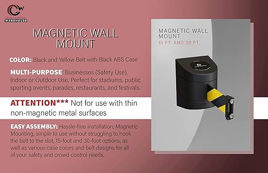 Crowd Control Warehouse - CCW Series WMB-220 Magnetic Wall Mount Retractable Belt Barrier - 15 Foot, Black and Yellow Safety Belt and Black ABS Case