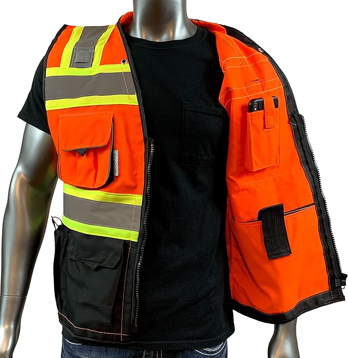 (C Vest For Mens Black Series Safety Vest With Zipper and Utility Pockets Premium Black Series Surveyors Vest (XX-Large, Orange/Black)