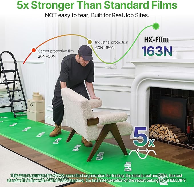 39" x 200' Heavy-Duty Floor Protection | Construction Grade Carpet Protector | Drop Cloth Plastic Film for Hardwood Floors | Waterproof Painters Covering with No Residue (Green)