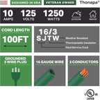 Weatherproof Outdoor Extension Cord 100 ft, 16/3 SJTW 100ft Green Extension Cord 3 Prong, Long Exterior for Outdoor Lights & Landscaping, UL Certified - US Veteran Owned