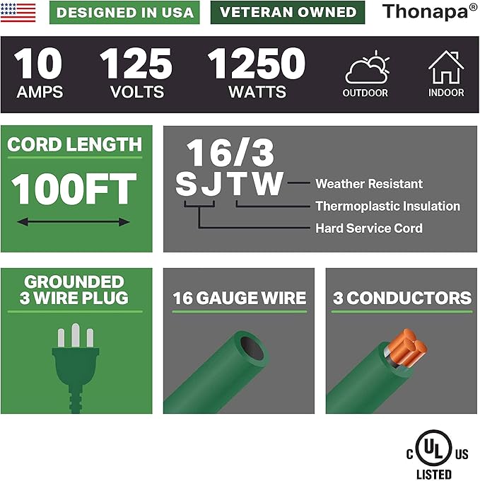 Weatherproof Outdoor Extension Cord 100 ft, 16/3 SJTW 100ft Green Extension Cord 3 Prong, Long Exterior for Outdoor Lights & Landscaping, UL Certified - US Veteran Owned