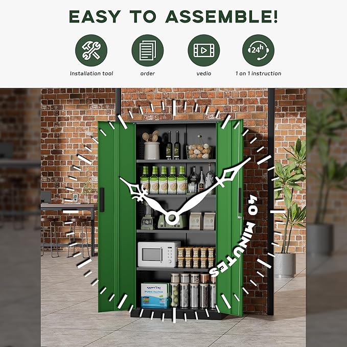 Greenvelly Metal Storage Cabinet, 72" Locking Metal Garage Storage Cabinet with Doors and 4 Adjustable Shelves, Lockable Steel Cabinet for Home Office, Garage, Shop, School (Green 32" W x 16" D)