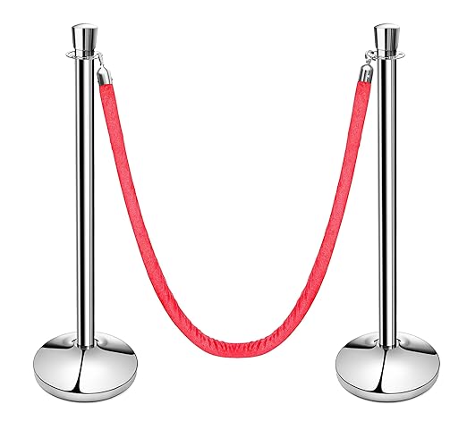New Star Foodservice 54743 Tulip Top Stainless Steel Stanchions, Set of 2 Posts with 1 of 79.5-Inch Red Velvet Rope…
