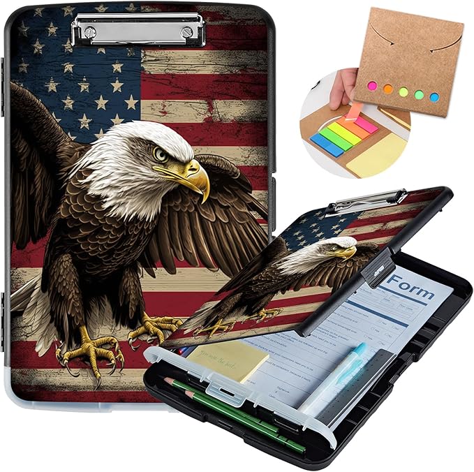 Clipboard with Storage,Heavy Duty Plastic Storage Clipboard with Low Profile Clip,Teacher Must Haves,Office Supplies,American Flag Owls