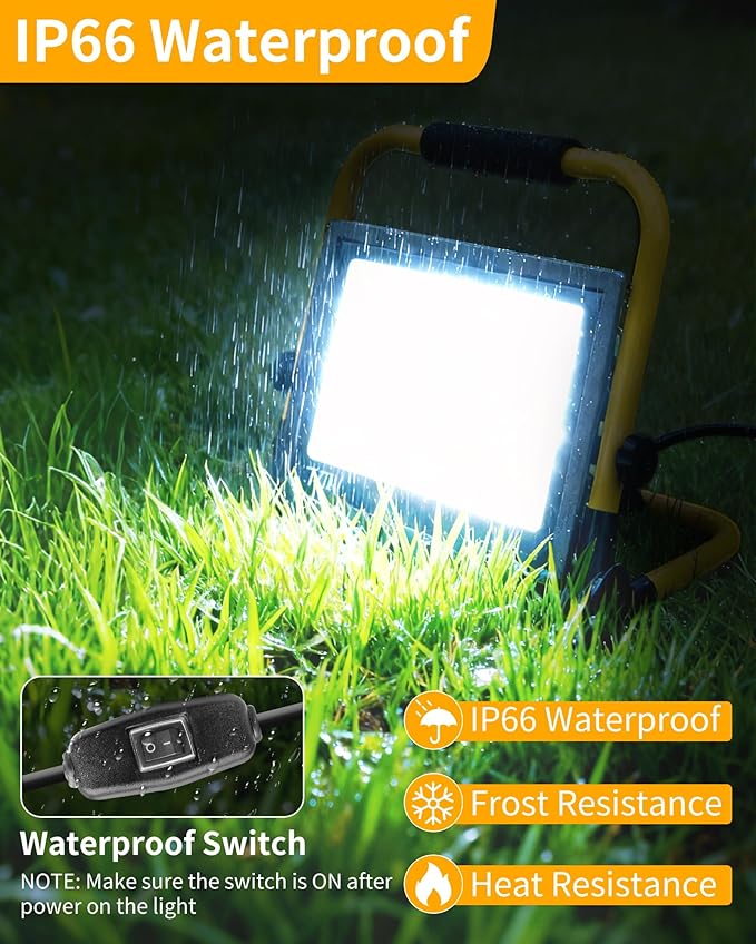 8400LM LED Work Light with 16FT Cord & Switch, 70W Outdoor Flood Light, IP66 Waterproof Portable Job Site Lighting with Stand, 5000K Dayight Worklight for Construction Garage Workshop Car Repairing