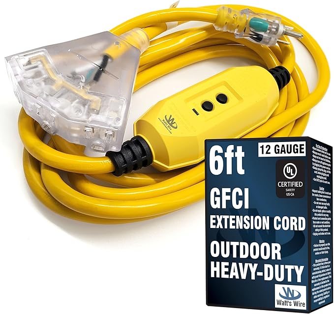 6 ft GFCI Extension Cord - Outdoor Extension Cord Waterproof - Heavy Duty Outdoor Extension Cords 6 ft with Multiple Outlets - Watts Wire - 6' Grounded - GFI Cord
