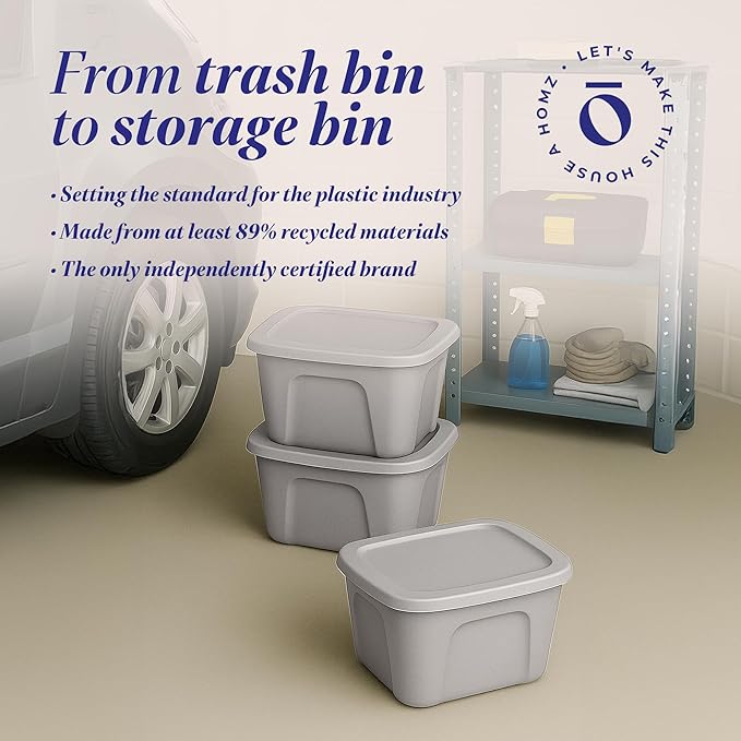 HOMZ 8-Pack Durable Molded Bin, Plastic Storage Containers with Lids, 10 Gallon, Silver - Stackable Organizer Totes and Boxes for Bedroom, Kitchen, and Garage Organization