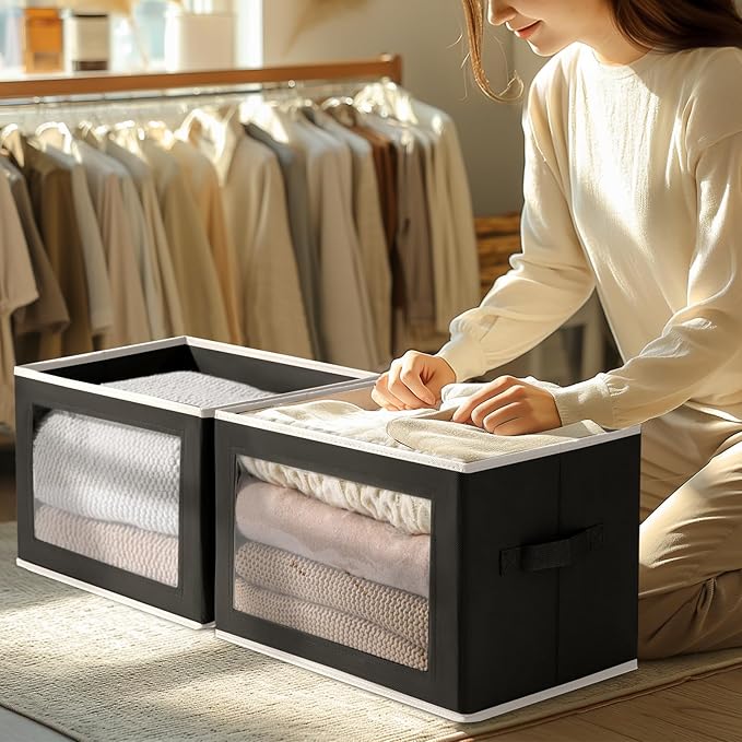 Large Storage Baskets Bins with Lids - Stackable Cube Bins for Closet, 3 Pack Black Windows Organizer Bins, Home Organizers and Storage for Clothes, CD, Towels