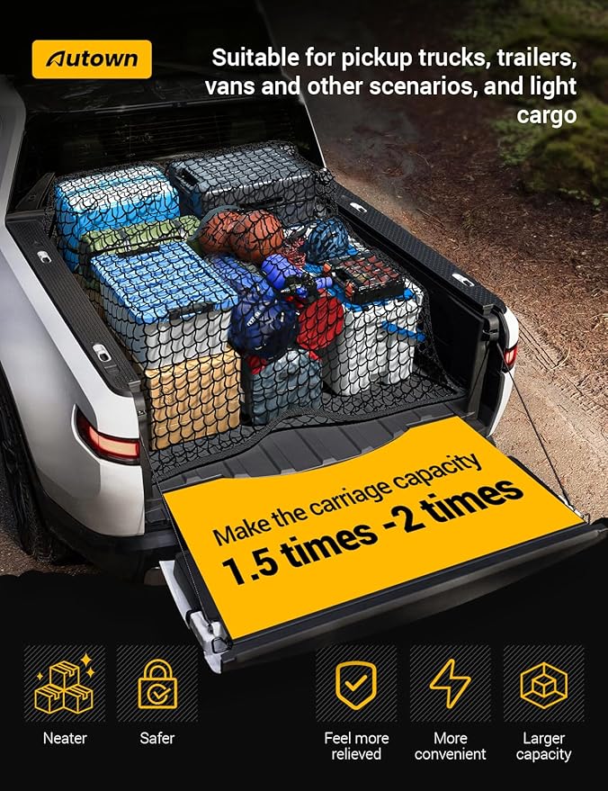 Cargo Net for Pickup Truck Bed - Stretchable 4'x4' to 7'x7', High Elastic Fine Mesh 1''x1'' with 8 Metal Carabiners - Ideal for ATV, SUV, UTV, Truck and Boat Use (Single Layer)