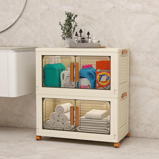 Plastic Stackable Storage Bins with Lids and Wheels, 3040QT-152QT*2Tier Foldable Closet Organizers and Containers, Collapsible Clear Drawer Storage Cabinet with Doors Ivory White