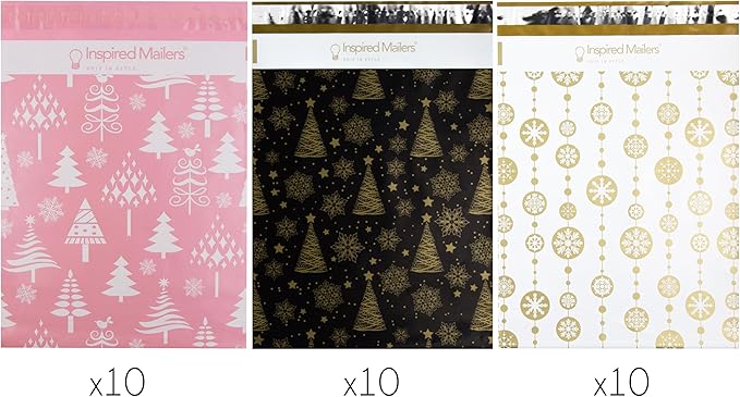 Inspired Mailers - Christmas Poly Mailers 10x13 Holiday Variety Pack of 30-10 each: Trees & Snowflakes, Rose Gold Trees, Gold Snowflake Baubles (10x13, 30 Pack)